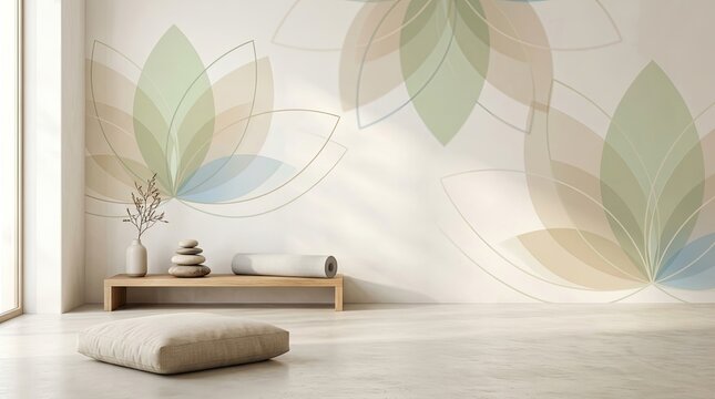A serene room features a wall adorned with a decorative leaf pattern. A wooden bench holds a meditation cushion and a small vase with a branch.