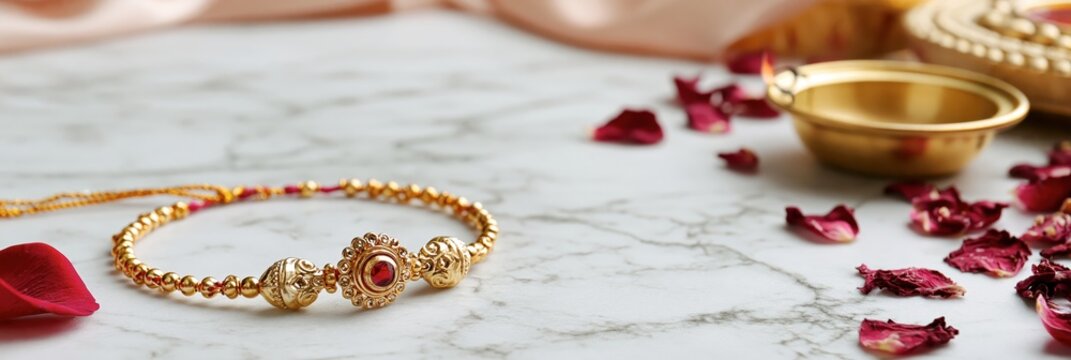 Raksha bandhan bracelet with rose petals and diya raksha bandhan banner realistic banner