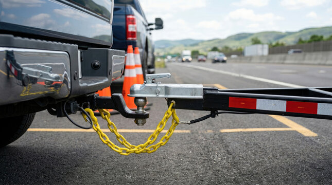A dark-colored pickup truck is connected to a trailer hitch with a bright yellow chain securing it. The trailer hitch is attached to the rear of the truck.