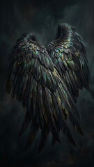 Fototapeta premium Exquisite pair of dark iridescent wings featuring realistic feather textures and subtle color shifts. This high-resolution digital illustration is perfect for fantasy concept art, gothic designs, and 