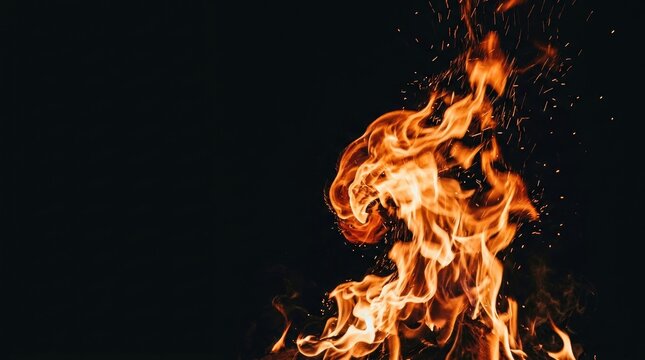 A vibrant flame dances against a dark background, creating a dramatic and intense visual. Sparks fly upwards, adding to the fiery spectacle.