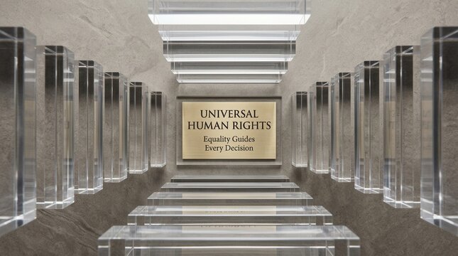 Elegant golden plaque featuring Universal Human Rights text centered in modern stone wall surrounded by transparent glass blocks creating symmetrical perspective for justice and social equality themes