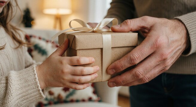 Parent gives a gift to a child in a cozy living room setting.