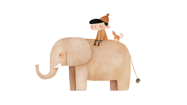 ニット帽の少年と動物たちのイラスト