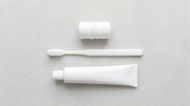 Minimalist white oral hygiene set with toothbrush, toothpaste and floss