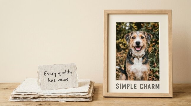 Elegant wooden picture frame showcasing a happy mixed breed dog on a rustic desk alongside a stack of handmade paper and a motivational quote note, ideal for home decor and pet lover lifestyle