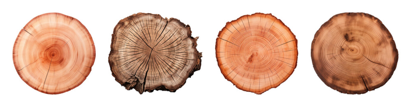 PNG Variety of tree trunk cross-sections in different textures on transparent background