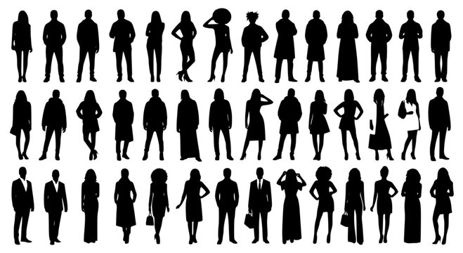 Vector silhouettes man and women, illustration. Silhouettes of young people posing in casual clothes. Transparent background SVG version.