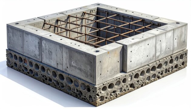 Square concrete formwork with rebar grid, supported by porous base