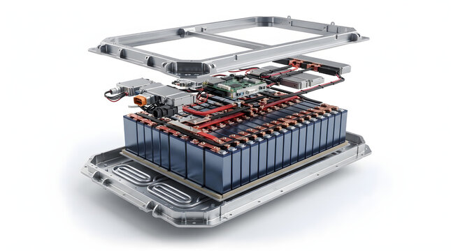 Exploded Electric Vehicle Battery Module with Copper Busbars Layered Cells Thermal Management and Structural Frame Design