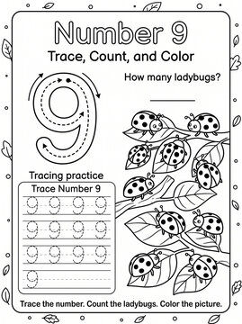 Educational Number 9 Tracing, Counting, and Coloring Worksheet with Ladybugs for Kids
