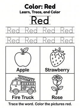 Educational Red Color Worksheet for Kids: Trace, Learn, Color
