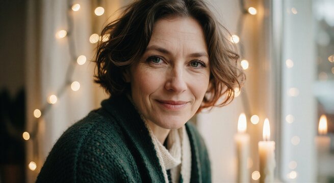 Portrait of a woman surrounded by warm string lights, suggesting the cozy atmosphere of arranging Christmas lights indoors.