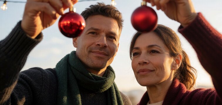Two friends hang Christmas ornaments against a bright sky during golden hour, capturing a festive moment.