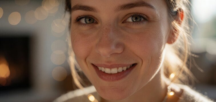 Close-up portrait of a young woman smiling warmly, with bokeh lights suggesting a festive indoor setting like arranging Christmas lights.