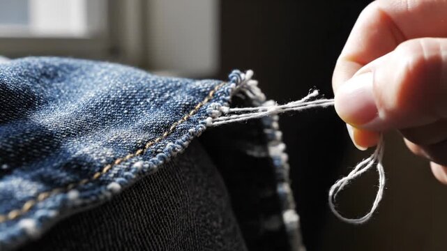 Close-up of a person's fingers pulling out a loose white thread from frayed blue denim jeans seam