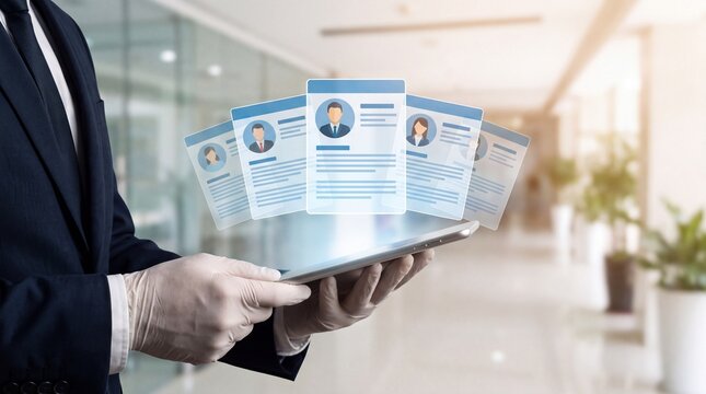 HR manager holding a tablet with holographic candidate resumes for digital recruitment, Futuristic human resources concept showing a professional reviewing virtual employee profiles