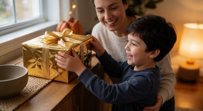 Family of three enjoying a cozy moment while decorating the living room with a beautifully wrapped gold gift.