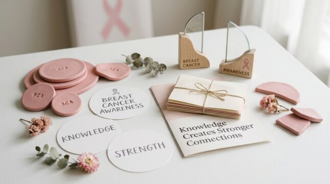 Elegant breast cancer awareness items on a white table including pink clay discs, educational cards, and dried flowers, perfect for health campaigns and promoting vital women wellness and support now.