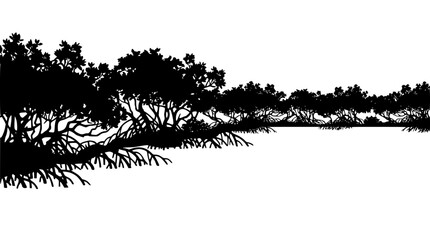 Fototapeta premium Black Mangrove Forest Silhouette with Prop Roots on White Background