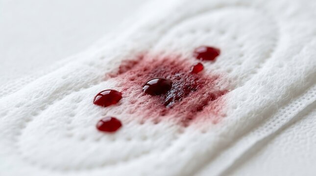 Menstrual blood on sanitary pad, white feminine hygiene napkin with red spotting, medical concept of period cycle and women health