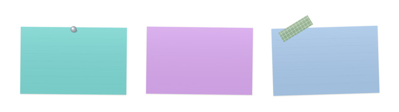 Three colorful sticky notes with different pastel colors isolated on transparent background