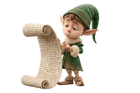 Cute Christmas elf in green outfit reading long scroll wishlist isolated on transparent background