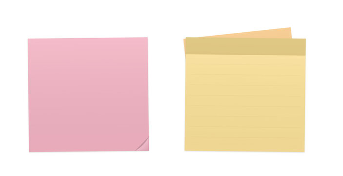Pink and yellow sticky notes with corner lift isolated on transparent background