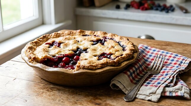 Freshly Baked 15-inch Berry Pie on Table for Usa Independent 4th of July Feast