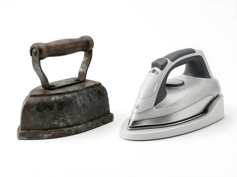 Vintage cast iron flat iron and modern electric steam iron side by side on white background, evolution of laundry technology and household appliances. Antique heavy metal iron with wooden handle
