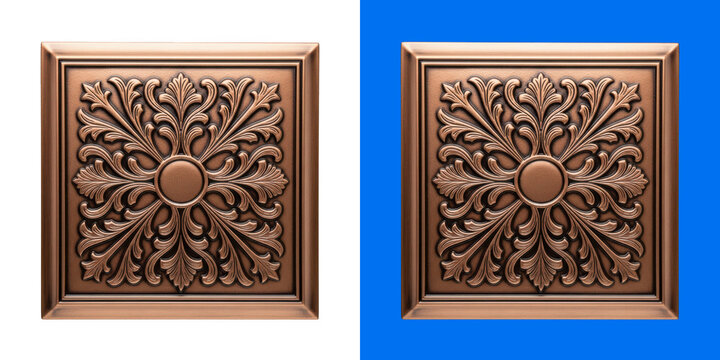Decorative antique bronze metal tile with ornate floral relief pattern transparent png