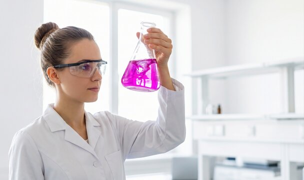 Female scientist examining swirling pink liquid in conical flask in bright laboratory interior for scientific experiment.
