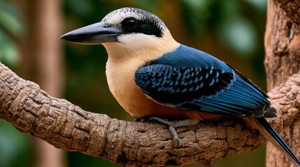 Naklejka premium Vividly Colored Bird Perched on a Branch Displaying Unique Feather Patterns and Sharp Beak, Surrounded by Lush Green Foliage in Natural Habitat