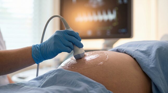 Ultrasound examination on pregnant woman's abdomen in medical clinic for prenatal care and health monitoring.