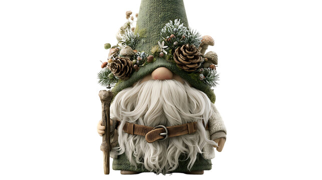 Woodland Christmas gnome holding walking staff with pinecone hat isolated on transparent background