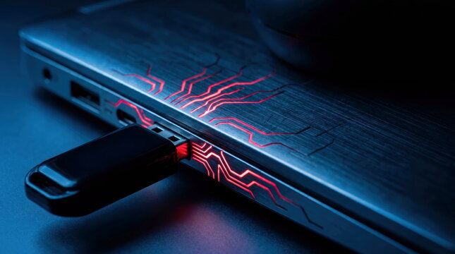 USB drive data transfer on laptop with glowing circuit, dark high-tech environment, digital connectivity concept.