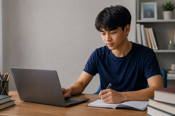 Fototapeta premium AI generated student preparing for exams adaptive learning support using laptop notebook to improve focus confidence study efficiency academic success