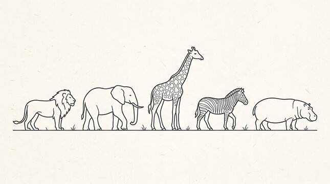 African Safari Animals Line Art Illustration Featuring Lion Elephant Giraffe Zebra and Hippo Isolated on White Background