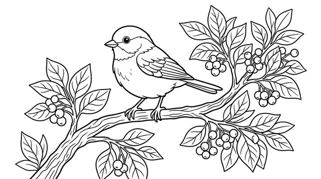 Cute Little Bird Perched on Tree Branch with Leaves and Berries Line Art Coloring Page Page Isolated on White Background