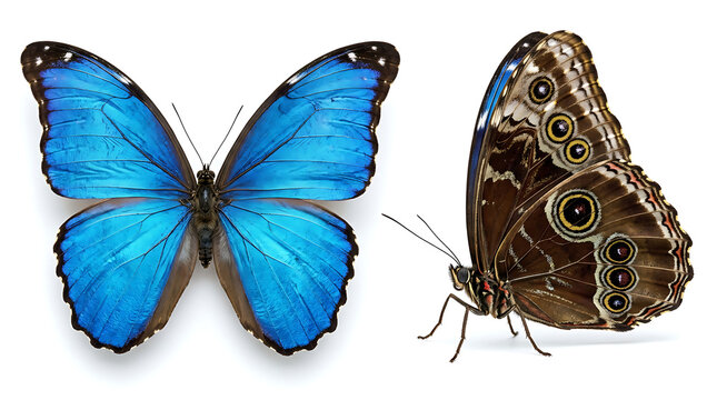Blue Morpho Butterfly Top View and Side Profile View Isolated on White Background