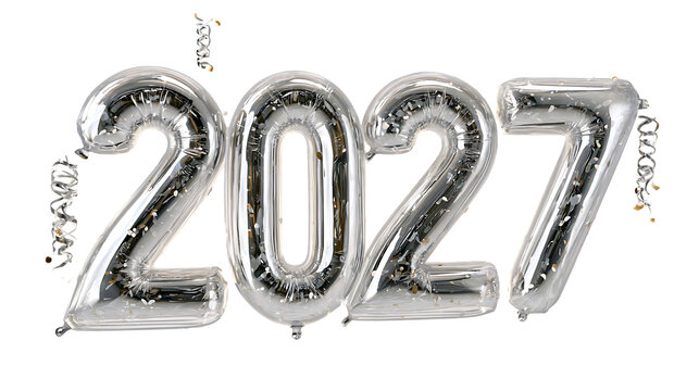 Silver metallic foil balloons forming number 2027 isolated on transparent background