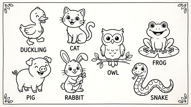 Cute Animal Coloring Book Page for Kids Featuring Duckling Cat Pig Frog Rabbit Owl and Snake