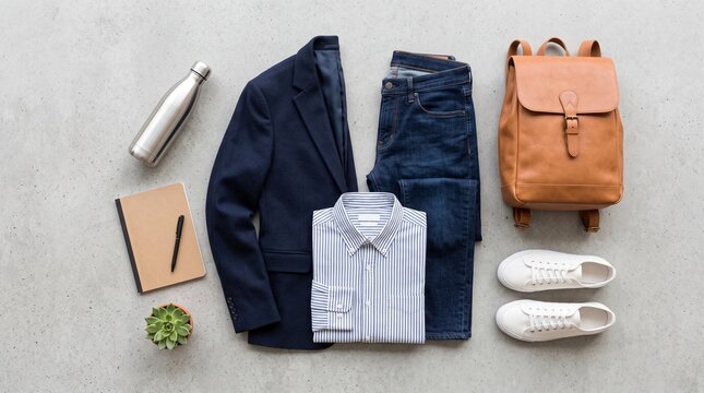 Mens smart casual outfit flat lay with blazer jeans and leather backpack top view