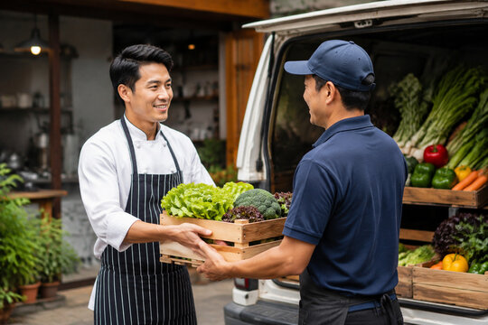 AI generated small restaurant sourcing fresh ingredients from nearby supplier chef receiving local vegetables for sustainable food business community supply chain