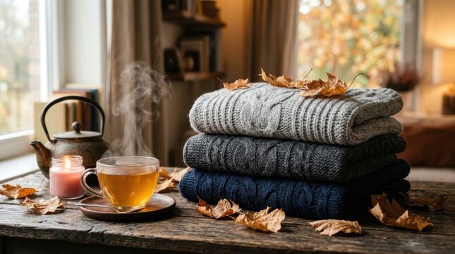 Folded warm cable knit sweaters and steaming cup of tea on a rustic wooden table with dry autumn leaves near a window, showcasing a cozy hygge indoor lifestyle during the beautiful fall season