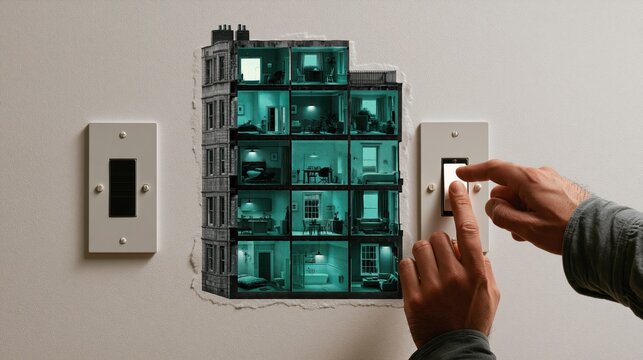 One switch being pushed as a paper building lights up