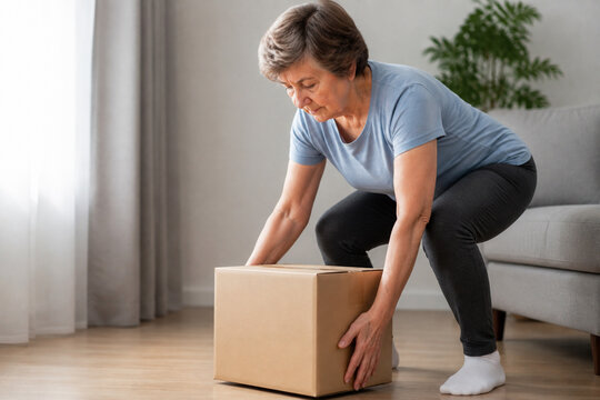 AI generated elderly woman practicing safe lifting techniques at home cardboard box showing strength balance injury prevention daily life