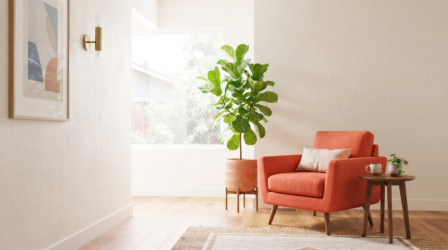 Modern living room corner with a vibrant orange armchair, a large fiddle leaf fig plant in a textured terracotta planter, and side table
