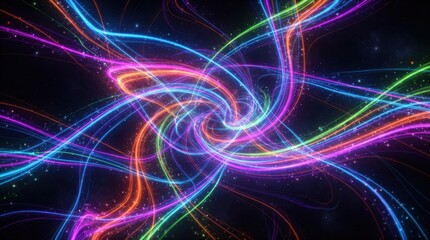 Fototapeta premium Abstract Swirling Neon Light Trails with Glittering Particles on Dark Background