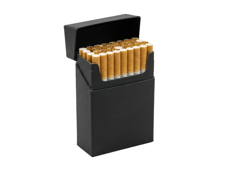 Black cigarette case with cigarettes on top isolated on transparent background